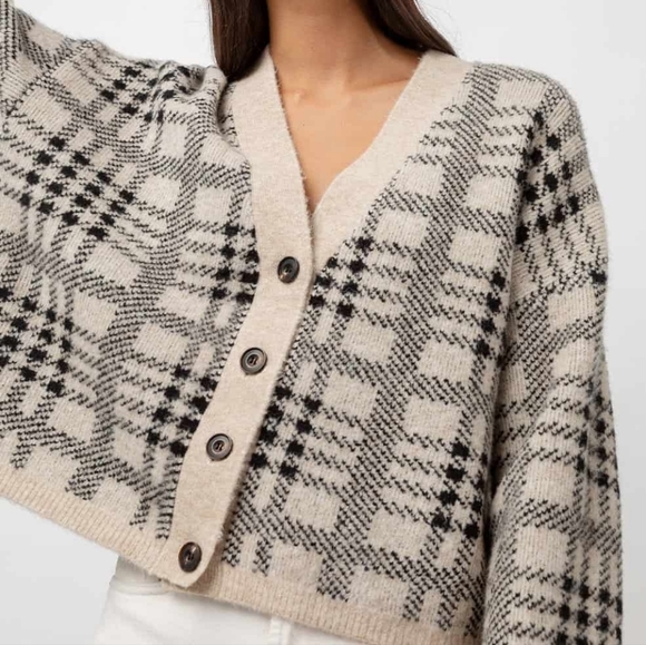 Rails Reese Black Oatmeal Plaid Button Up V-neck Wool Blend Cartigan Size Small - Picture 14 of 15